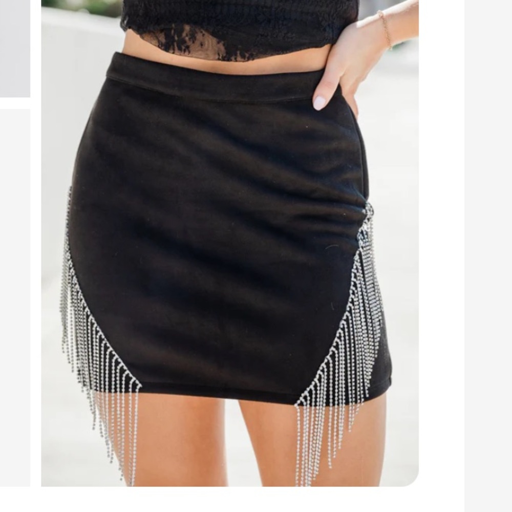 Pink Lily Choose Wisely Black Rhinestone Fringe Detail Suede Skirt- Size Medium